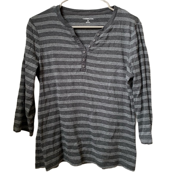 CROFT & BARROW Women’s Black Gray Stripe 3/4 Sleeve Cotton Tee - Picture 1 of 6